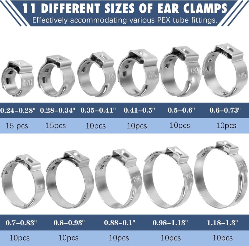 9TH SHOP Single Ear Hose Clamps, 120Pcs 11 Sizes 304 Stainless Steel Ear Clamps, 6-33.1mm Crimp Hose Clamps with Ear Clamp Pincer, Crimp Pinch Fitting Tools Kit for PEX Tube, Securing Hose - Image 5